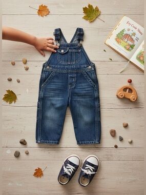 OshKosh B'Gosh Denim Overalls Sz 12M Carpenter Style Snap Crotch Classic Jean